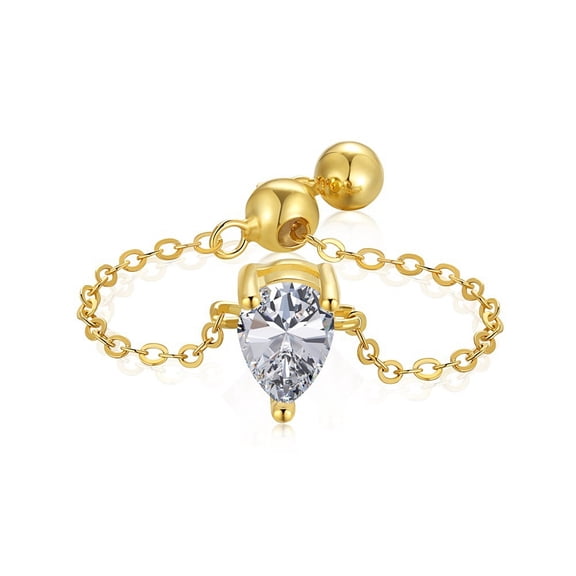 2 pc Mother's Day 925 Sterling Silver Chain Rings Birthstone Ring Real 18K Gold Plated with Cubic Zirconia Teardrop for Women Adjustable Slider Ring Clear 1.2mm US Size 7(17.3mm)