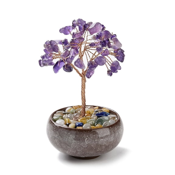 2 pc Natural Amethyst Chips Tree Decorations Ceramic Bowl Base Copper Wire Feng Shui Energy Stone Gift for Home Desktop Decoration 67~70x110~115mm