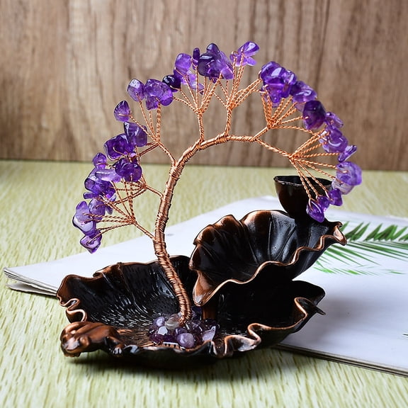 2 pc Natural Amethyst Chips Tree of Life Decorations Burner Cone Stick Incense Holder with Copper Wire Feng Shui Energy Stone Gift for Women Men Meditation 130x100mm