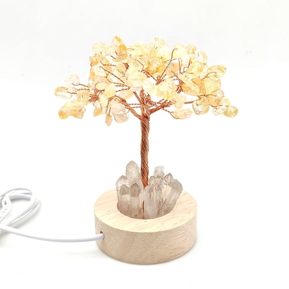 2 pc Natural Citrine Chips Tree Night Light Lamp Decorations Wooden Base with Copper Wire Feng Shui Energy Stone Gift for Home Desktop Decoration Lamp with USB Cable 120mm