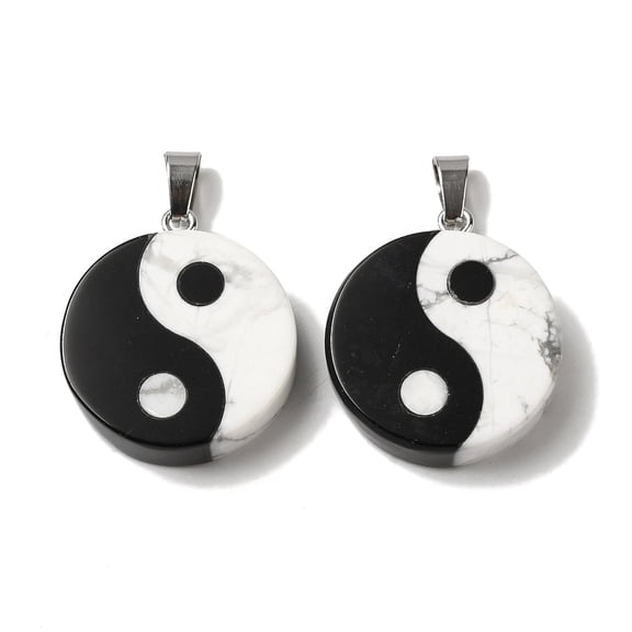2 pc Natural Howlite & Obsidian Flat Round Pendants Yin-yang Charms with Platinum Plated Alloy Snap on Bails 28.5x25x6.5mm Hole: 7.6x4mm Mixed Stone