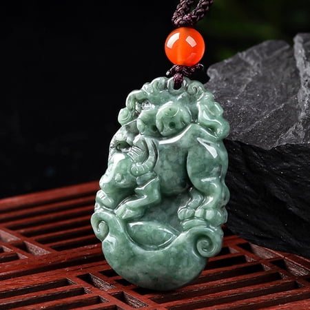 2 pc Natural Jadeite Pendant Necklaces with Resin Bead and Wax Rope the 12 Chinese Zodiac Cattle 26.85 inch(68.2cm) Pendant: 34.5x22.5mmDIY