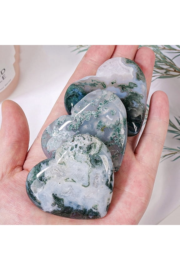 2 pc Natural Moss Agate Healing Heart Figurines Reiki Energy Balancing Meditation Gift 55mm