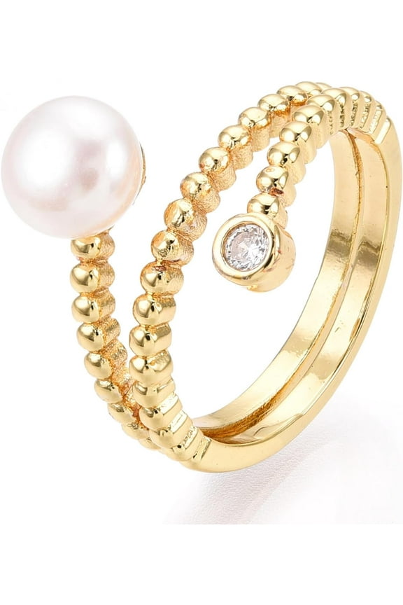 2 pc Natural Pearl Double Lines Finger Ring with Rhinestone Brass Finger Rings for Women Real 18K golden Plated US Size 7(17.3mm)