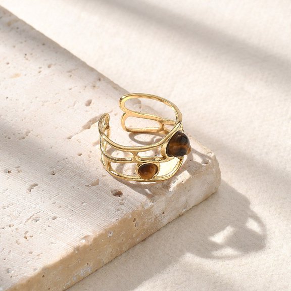 2 pc Natural Tiger Eye Finger Rings 304 Stainless Steel Hollow Open Cuff Rings for Women 13mm Adjustable