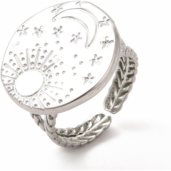 2 pc Non-Tarnish 304 Stainless Steel Sun Moon Planet Open Cuff Ring for Women Stainless Steel color Inner Diameter: 17mm