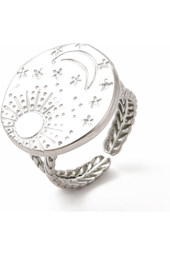 2 pc Non-Tarnish 304 Stainless Steel Sun Moon Planet Open Cuff Ring for Women Stainless Steel color Inner Diameter: 17mm