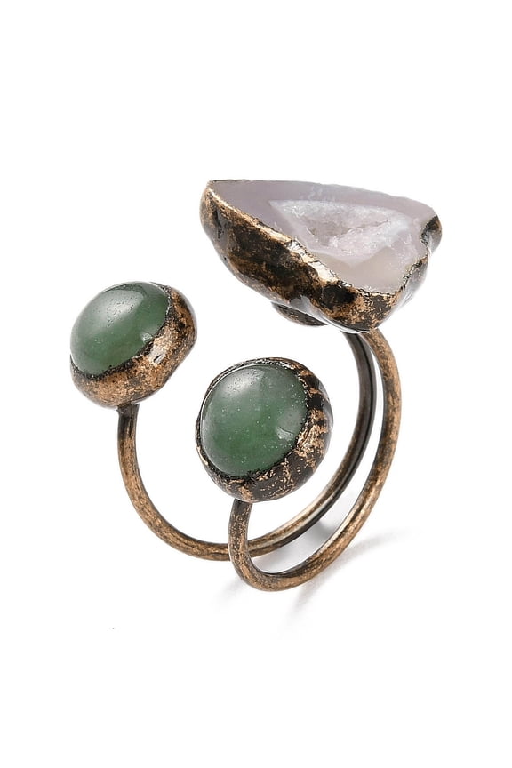 2 pc Nuggets Natural Druzy Agate & Green Aventurine Open Cuff Rings Red Copper Tone Brass Ring for Women Inner Diameter: 20mm
