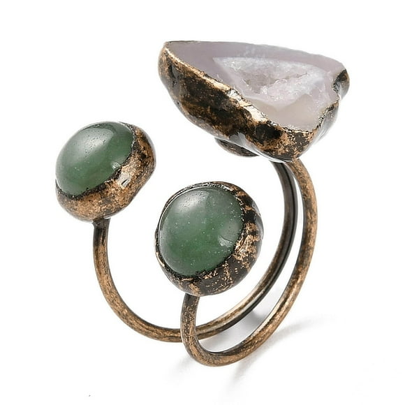 2 pc Nuggets Natural Druzy Agate & Green Aventurine Open Cuff Rings Red Copper Tone Brass Ring for Women Inner Diameter: 20mm