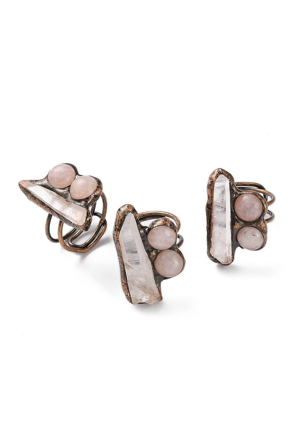 2 pc Nuggets Natural Quartz Crystal & Rose Quartz Adjustable Rings Red Copper Tone Brass Ring for Women Inner Diameter: 19mm