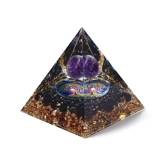 2 pc Orgonite Pyramid Resin Energy Generators Reiki Natural Amethyst & Obsidian Chips Inside for Home Office Desk Decoration 59.5x59.5x59.5mm
