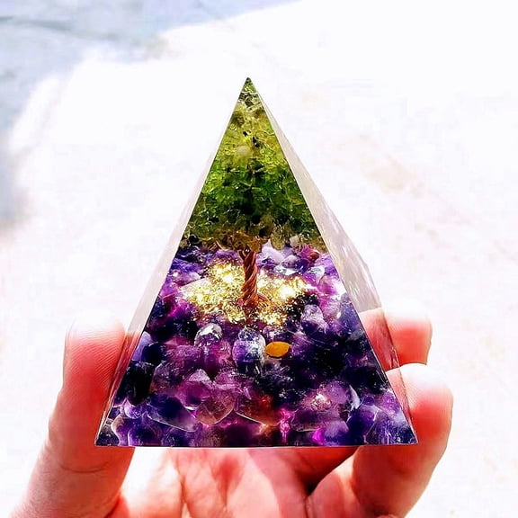 2 pc Orgonite Pyramid Resin Energy Generators Reiki Natural Amethyst & Peridot Chips Tree of Life for Home Office Desk Decoration 60mm