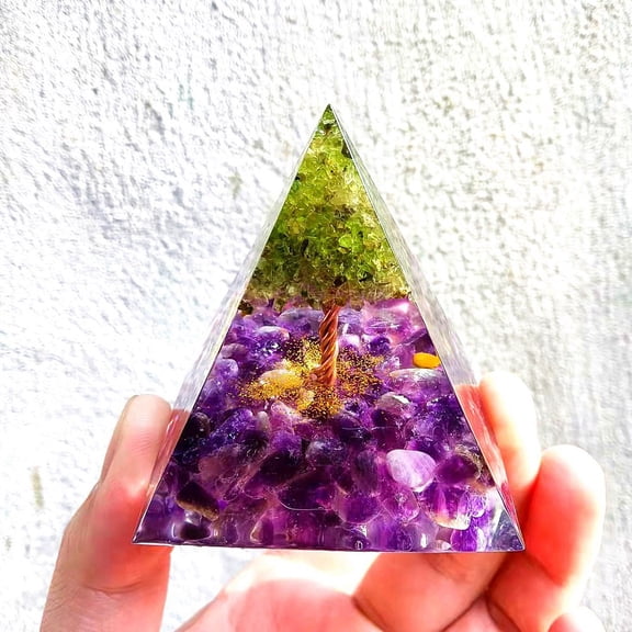 2 pc Orgonite Pyramid Resin Pointed Home Display Decorations with Natural Amethyst Peridot Chips and Metal Findings inside for Home Office Desk 60x60mm
