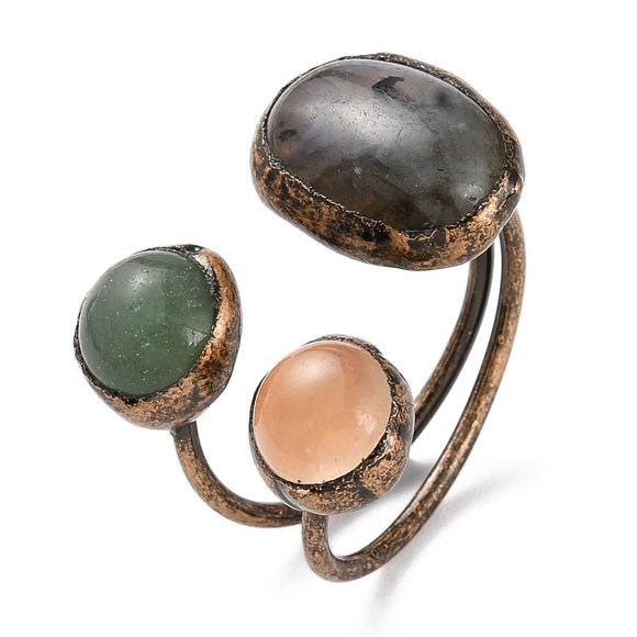 2 pc Oval & Round Natural Labradorite & Rose Quartz & Green Aventurine Open Cuff Rings Red Copper Tone Brass Ring for Women Inner Diameter: 20mm