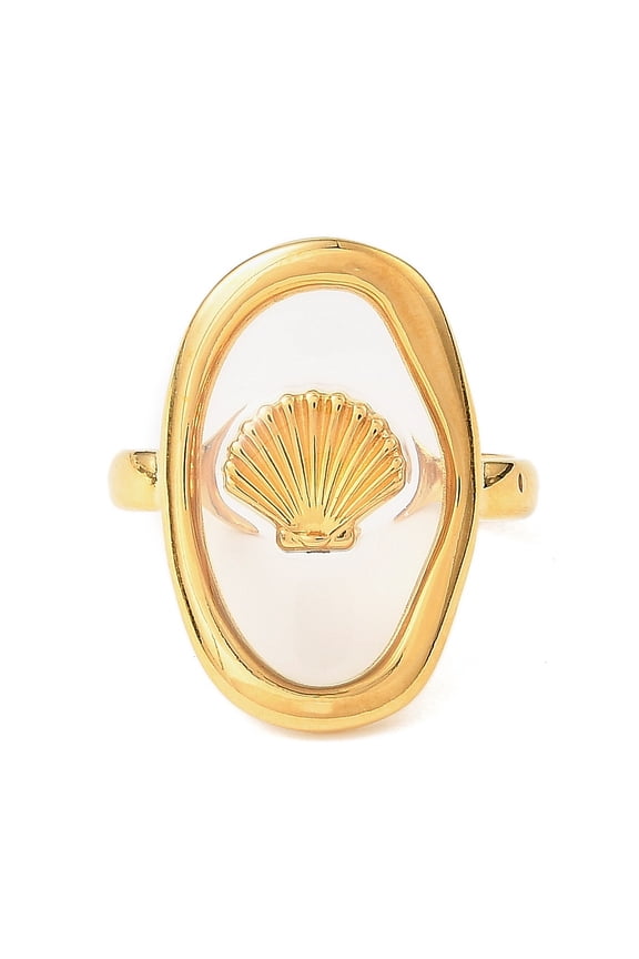 2 pc Oval with Shell Shape Resin Finger Rings 304 Stainless Steel Open Cuff Rings for Women Golden 22.5mm Adjustable