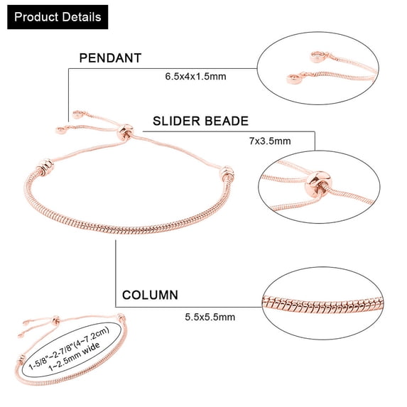 2 pc PVD Vacuum Plating Adjustable Brass Slider Bracelet/Bolo Bracelet Long-Lasting Plated with Snake Chains and Brass Rhinestone Charms Rose golden 1-5/8 inch~2-7/8 inch(4~7.2cm) 1~2.5mm