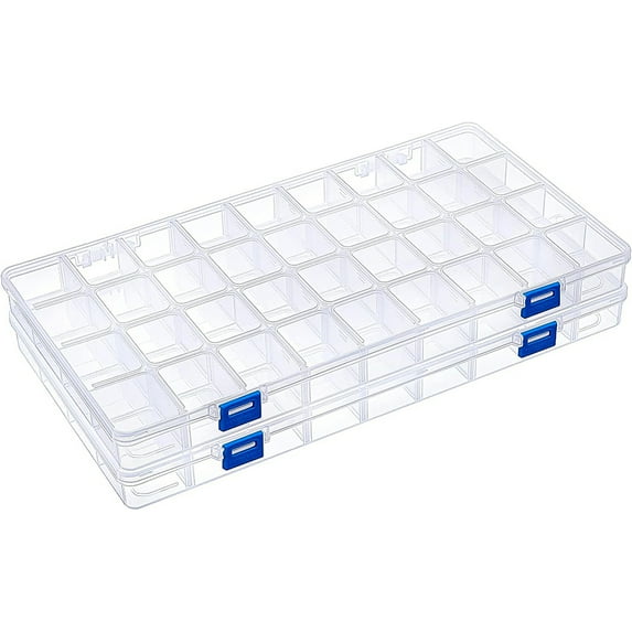 2 pc Plastic Storage Case 36 Grids with Removable Dividers for Small Parts Hardware and Craft Rectangle Clear 36.5x20.3x3cm