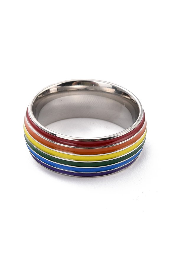2 pc Rainbow Pride Finger Ring Stripe Grooved Flat Stainless Steel Finger Ring for Women Stainless Steel color US Size 7(17.3mm)