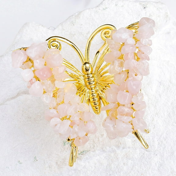 2 pc Raw Natural Rose Quartz Chip Mineral Specimen Display Decorations with Butterfly Metal Holder for Home Desktop Feng Shui Ornament 65x75mm
