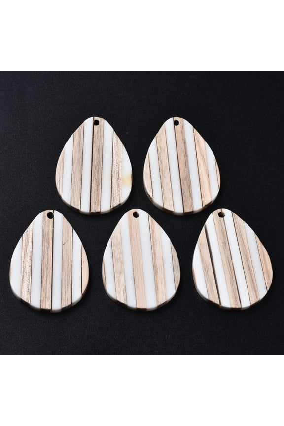 2 pc Stripe Resin & Wood Pendants Teardrop White 36x26x3mm Hole: 1.8mmDIY