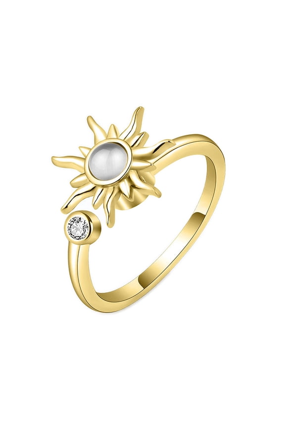 2 pc Sun Cat Eye Rotatable Open Cuff Ring for Women Brass Cubic Zirconia Fidget Spinner Rings Golden 13mm Inner Diameter: 16mm