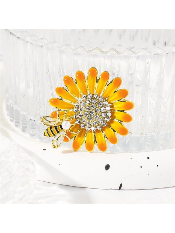 2 pc Sunflower Bee Alloy Enamel Brooches with Rhinestone and Acrylic Beads Yellow 40x36mm