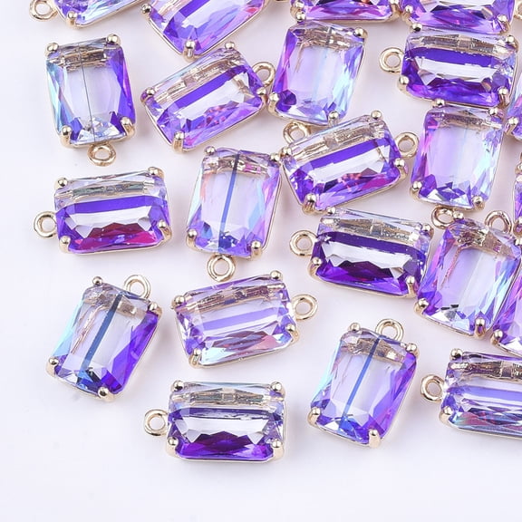 2 pc Transparent Glass Pendants with Brass Findings Faceted Rectangle AB Color Plated Light Gold Medium Purple 17.5x10x6.5mm Hole: 1.6mm DIY