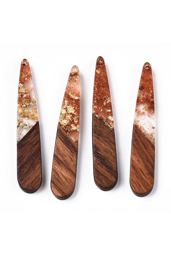 2 pc Transparent Resin & Walnut Wood Pendants with Gold Foil Teardrop Charms Waxed Chocolate 44x7.5x3.5mm Hole: 1.5mm