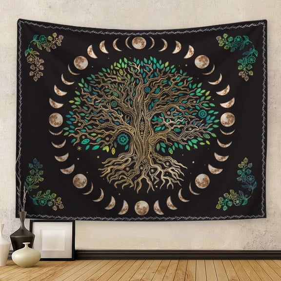 2 pc Tree of Life Flower Sun Moon Hippie Tapestries Polyester Mandala Wall Hanging Tapestry for Bedroom Living Room Decoration Rectangle Tree of Life Pattern 1300x1500mm