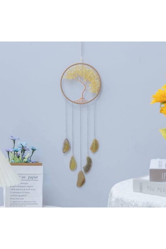 2 pc Tree of Life Natural Citrine Agate Woven Net Suncatchers Chakra Theme Hanging Pendant Decorations with Glass Beaded 660mm