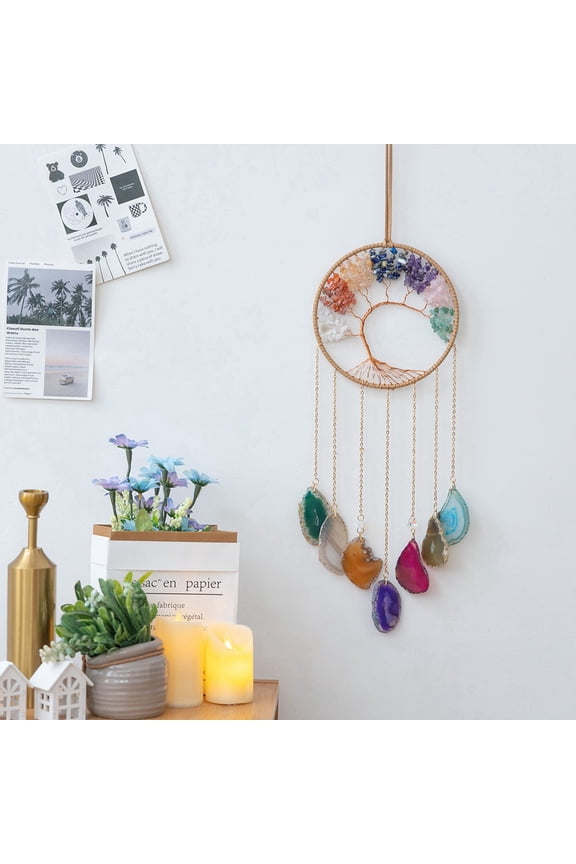 2 pc Tree of Life Natural Mixed Gemstone Agate Woven Net Suncatchers Chakra Theme Hanging Pendant Decorations with Glass Beaded 660mm