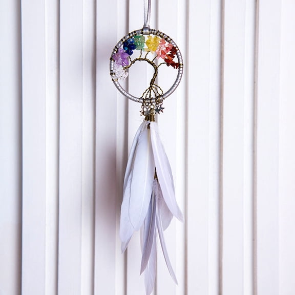 2 pc Tree of Life Wrapped Natural Gemstone Chips Woven Web/Net with Feather Decorations Car Hanging Decorations Light Grey 380x70mm