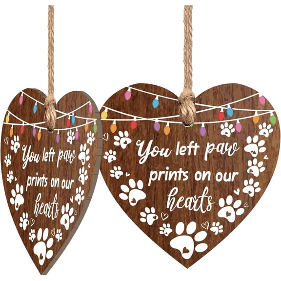 2 pc Wood Pet Sign Dog Memorial Ornament Gifts You Left Paw Prints On Our Hearts 2pcs Heart Shaped Wood Sign + Jute Twine Pet Loss Gifts for Dogs Cat Animals Sympathy Keepsake
