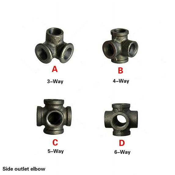 2 pcs 1/2 3/4 1 inch Black self colour malleable iron pipe fittings Black cast Iron threaded pipe 3/4/5/6 way side outlet elbow