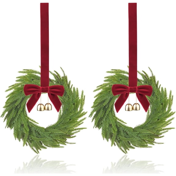 2 pcs 12 inch Small Christmas Wreath, Mini Wreaths for Cabinets with Red Bows & Bells, Artificial Small Window Wreaths Indoor for Kitchen, Stairs Railing & Chairs Home Decor & Christmas Decoration