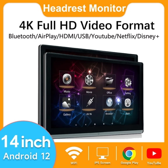 (2 pcs)14 inch 4G+64G Car Headrest Monitor Display IPS Android 12 Touch Screen For Car Rear Seat Player AirPlay HDMI