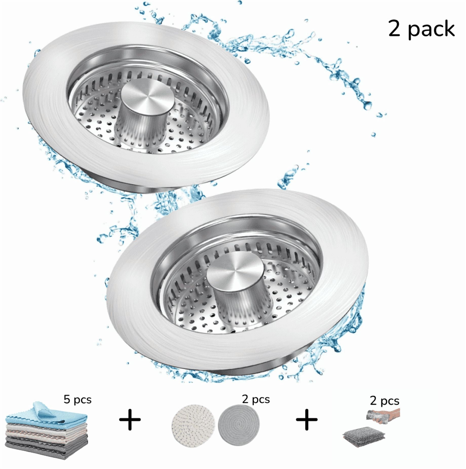 2 pcs 3 in 1 Kitchen Sink Drain Strainer Stopper, Brushed Stainless Steel SUS 304 Pop Up Sink Drain Stopper for Standard 3-1/2 Inch Drain Anti-Clogging Odor Prevention