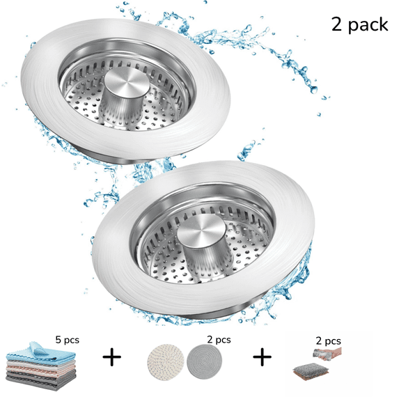 2 pcs 3 in 1 Kitchen Sink Drain Strainer Stopper, Brushed Stainless Steel SUS 304 Pop Up Sink Drain Stopper for Standard 3-1/2 Inch Drain Anti-Clogging Odor Prevention