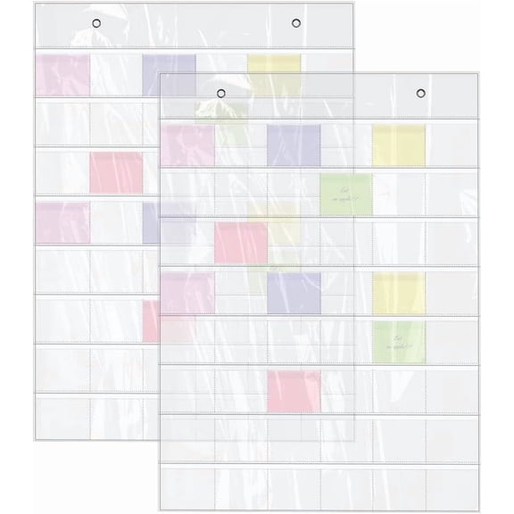2 pcs 3.54x3.54 inch Card Holder Sleeve Hanging 48 Slot Wall Pocket Chart Wall Mount Business Holder for Classroom Office Home Clear