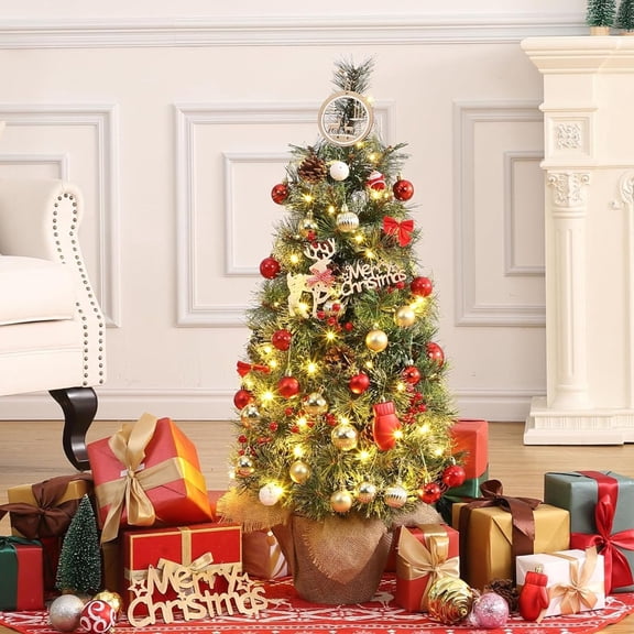 2 pcs 3 ft Pre-Lit Snow-Flocked Christmas Tree with 78 LED Lights, Red Berries, Burlap-Wrapped Base, Artificial Tabletop Holiday Tree for Small Spaces