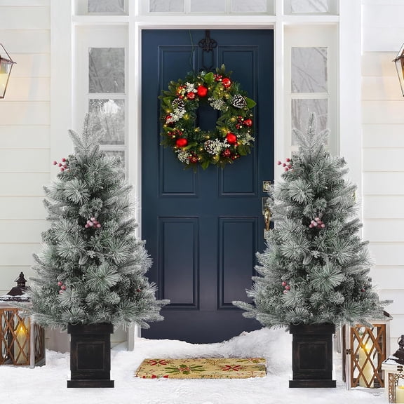 2 pcs 3ft Prelit Snow Flocked Christmas Tree with Prelit Premium 78 LED & Classic Box Base, Mini Tabletop Artificial Tree for Holiday Desk Decor