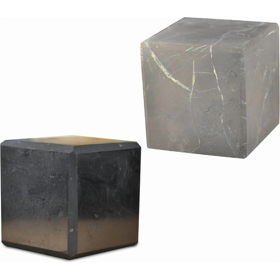 2 pcs Authentic Shungite Cubes Set Polished and Unpolished 50 mm / 1.97" Chakra Energy Natural Healing Crystal Home Office Protection Desk Decor Meditation Reiki Grounding Stone