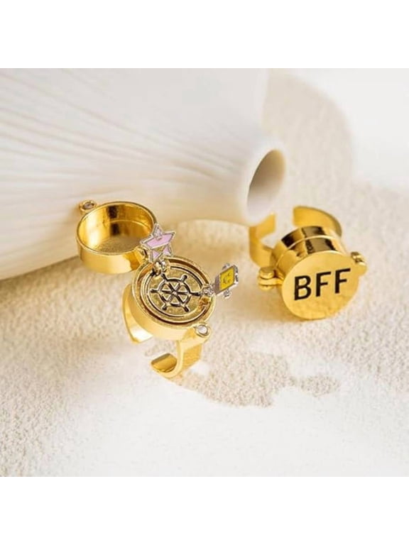 2 -pcs BFF Spinning Flip Ring, Adjustable Gold-Tone Best Friend Jewelry with Hidden Scene