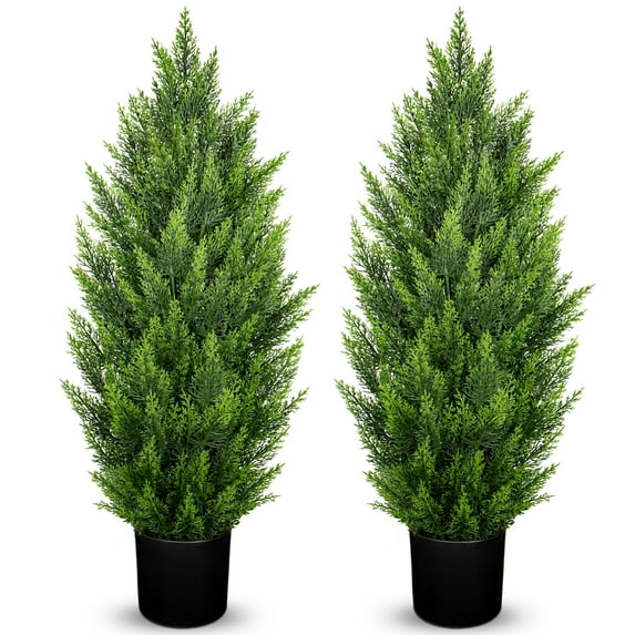 2 pcs Cedar Tree Artificial 3ft Potted Topiary Trees Artificial Outdoor Realistic Plants UV Resistant Fake Shrubs Cypress Trees Pot Porch Home Decor Housewarming Gift