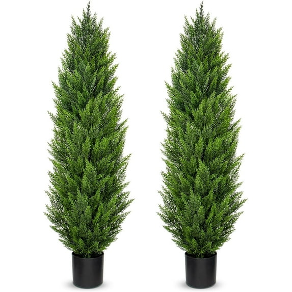 2 pcs Cedar Tree Artificial 5ft Potted Topiary Trees Artificial Outdoor Realistic Plants UV Resistant Fake Shrubs Cypress Trees Pot Porch Home Decor Housewarming Gift