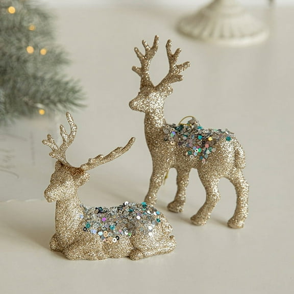 2 pcs Christmas Reindeer Figurines Glitter Mini Animal Reindeer Decor Deer Statues Sculpture Tabletop Ornaments for Cabinet Mantel Shelves Fireplace Home Decor Accents Collectible Figurines