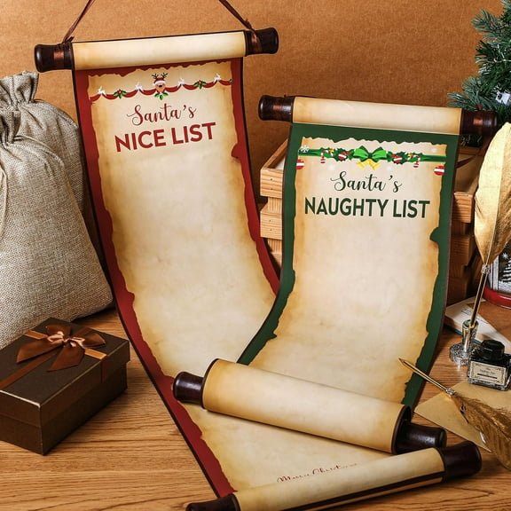2 pcs Christmas Santa's List of Naughty and Nice Scroll Blank Paper Scrolls with Wooden Stick 7.8 x 31.5 Inch Paper Santa Claus Role Play Prop for Handwriting with Burlap Bag and Feather Pen