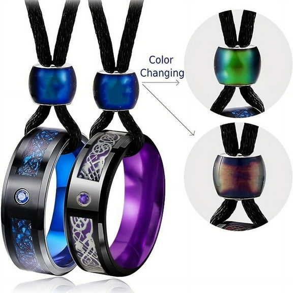 2 pcs Colorful Stainless Steel Couple Ring Pendant Promise Lovers Necklace Set(BLUE PURPLE BLACK EDGE)