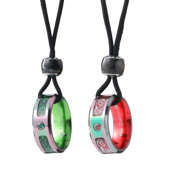 2 pcs Colorful Stainless Steel Couple Ring Pendant Promise Lovers Necklace Set(RED GREEN COLORFUL EDGE)