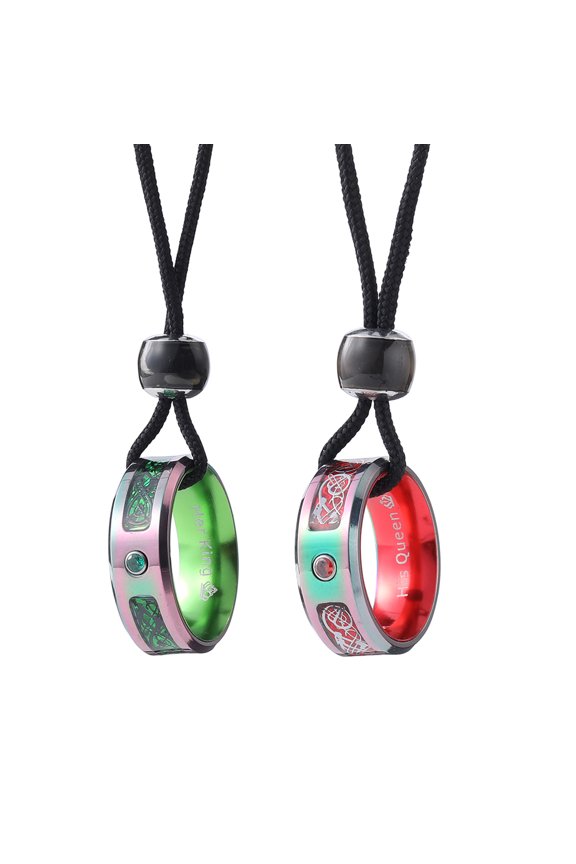 2 pcs Colorful Stainless Steel Couple Ring Pendant Promise Lovers Necklace Set(RED GREEN COLORFUL EDGE)